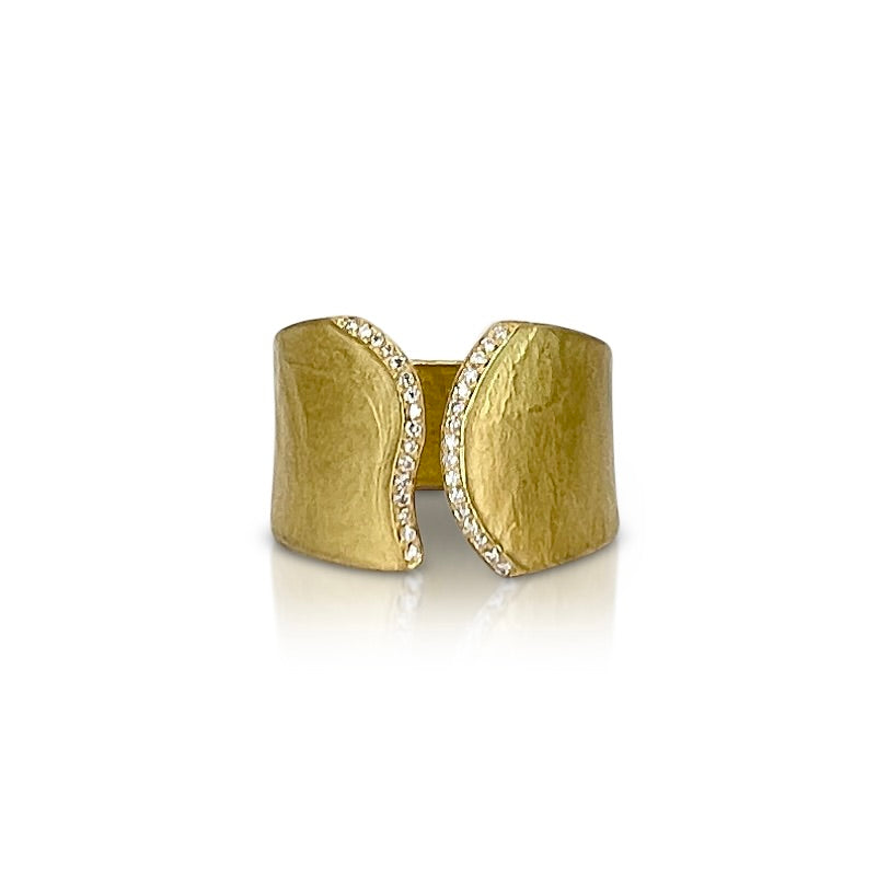 Wide ring with 18K yellow gold with pave set diamonds made by Ayesha Mayadas
