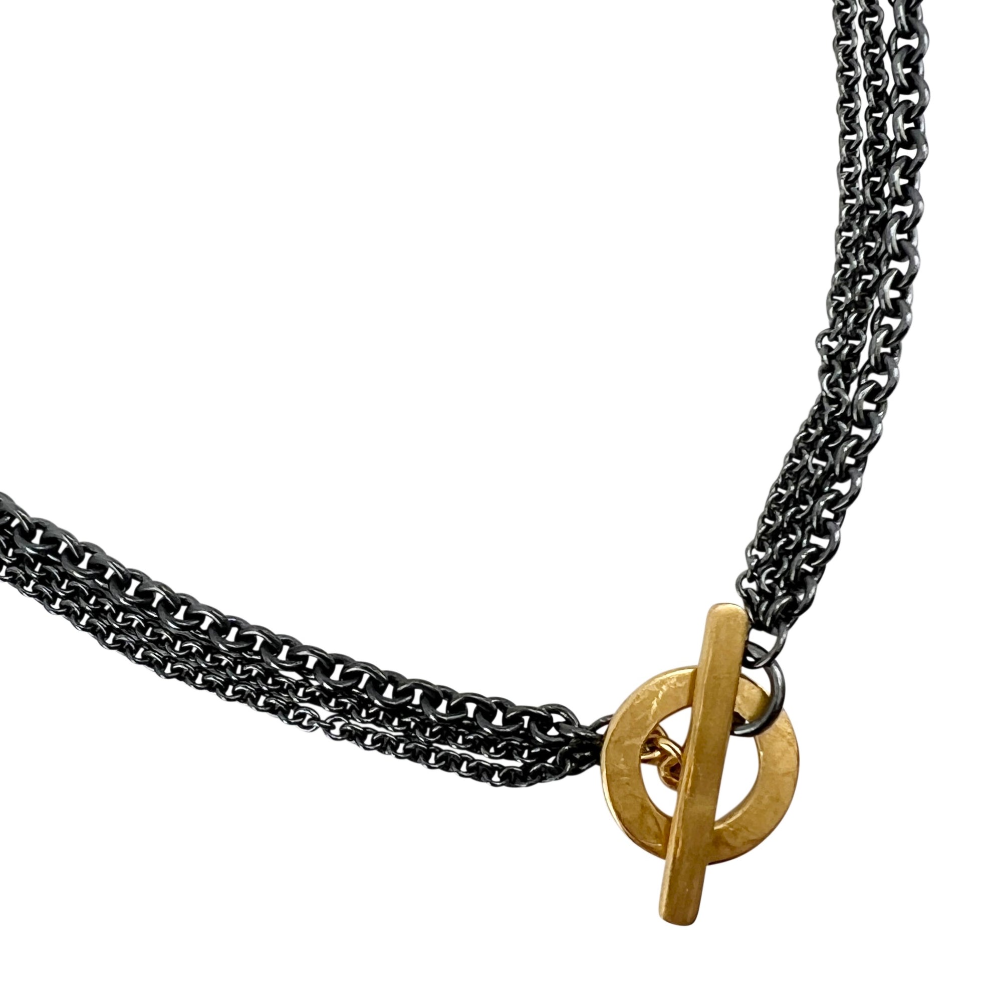 Triple sterling silver chain oxidized with Vermeil toggle clasp