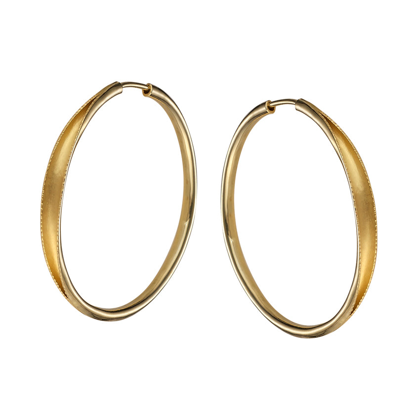 Classic, hand forged hoop earrings, 18k yellow gold, hinged backs, by Ayesha Mayadas