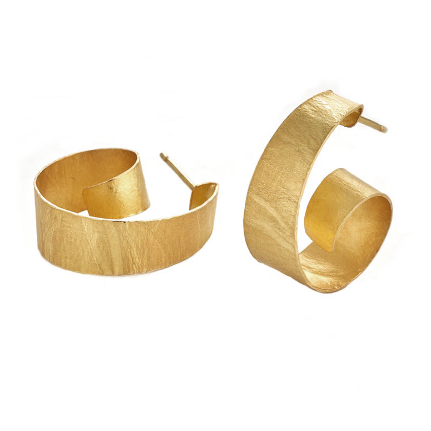 Classic look, wafer textured spiral hoops, 18k gold