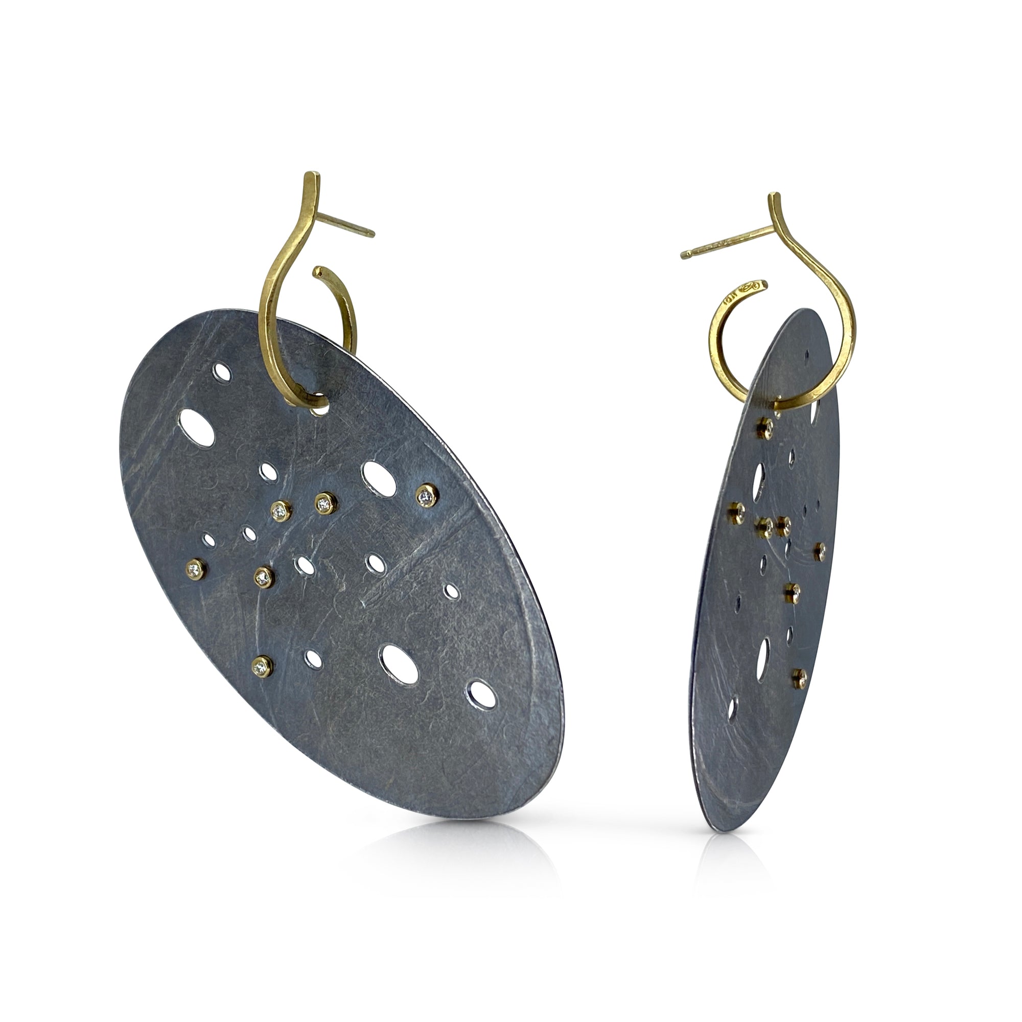 One of a kind large oval Firefly earrings, J hook in sterling, 18KY gold , diamond, edgy, original, artsy, by Ayesha Mayadas
