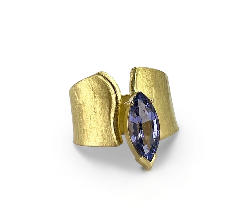Wide Wafer ring in 18K yellow gold with purple spinel made by Ayesha Mayadas