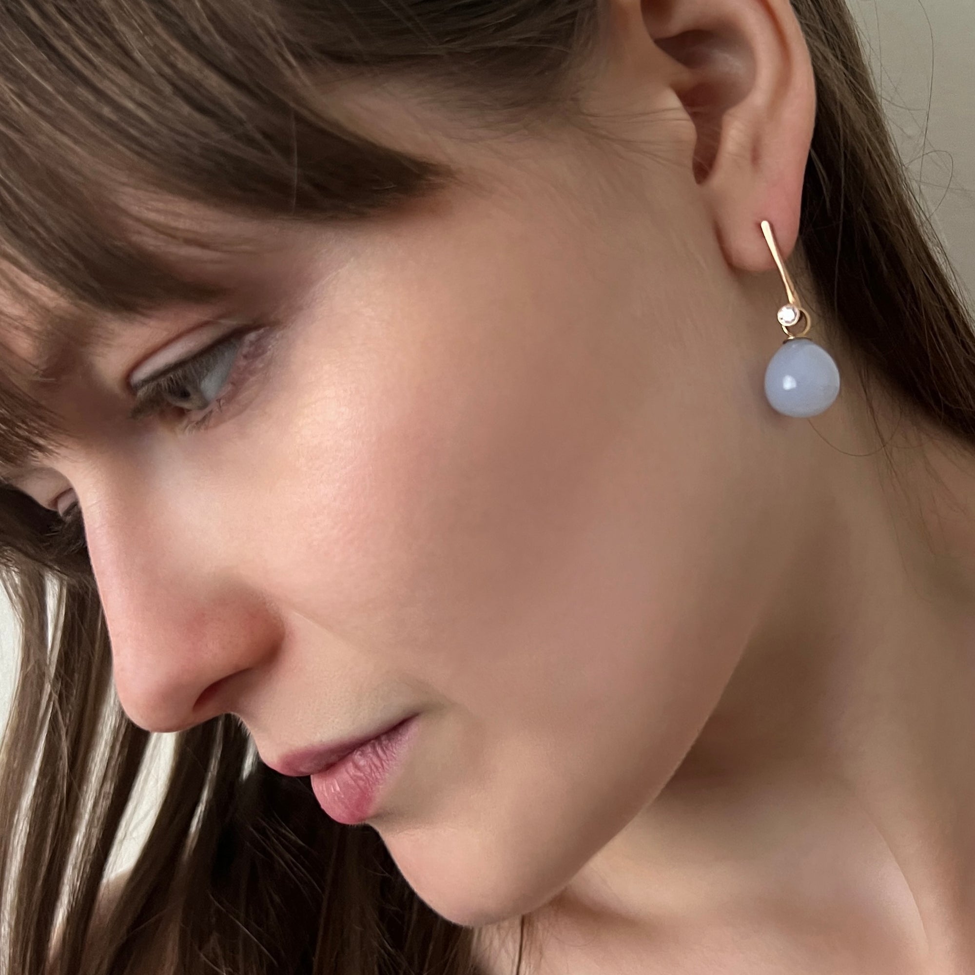 Driftwood Earrings in 18K pink gold with Chalcedony drops and diamonds