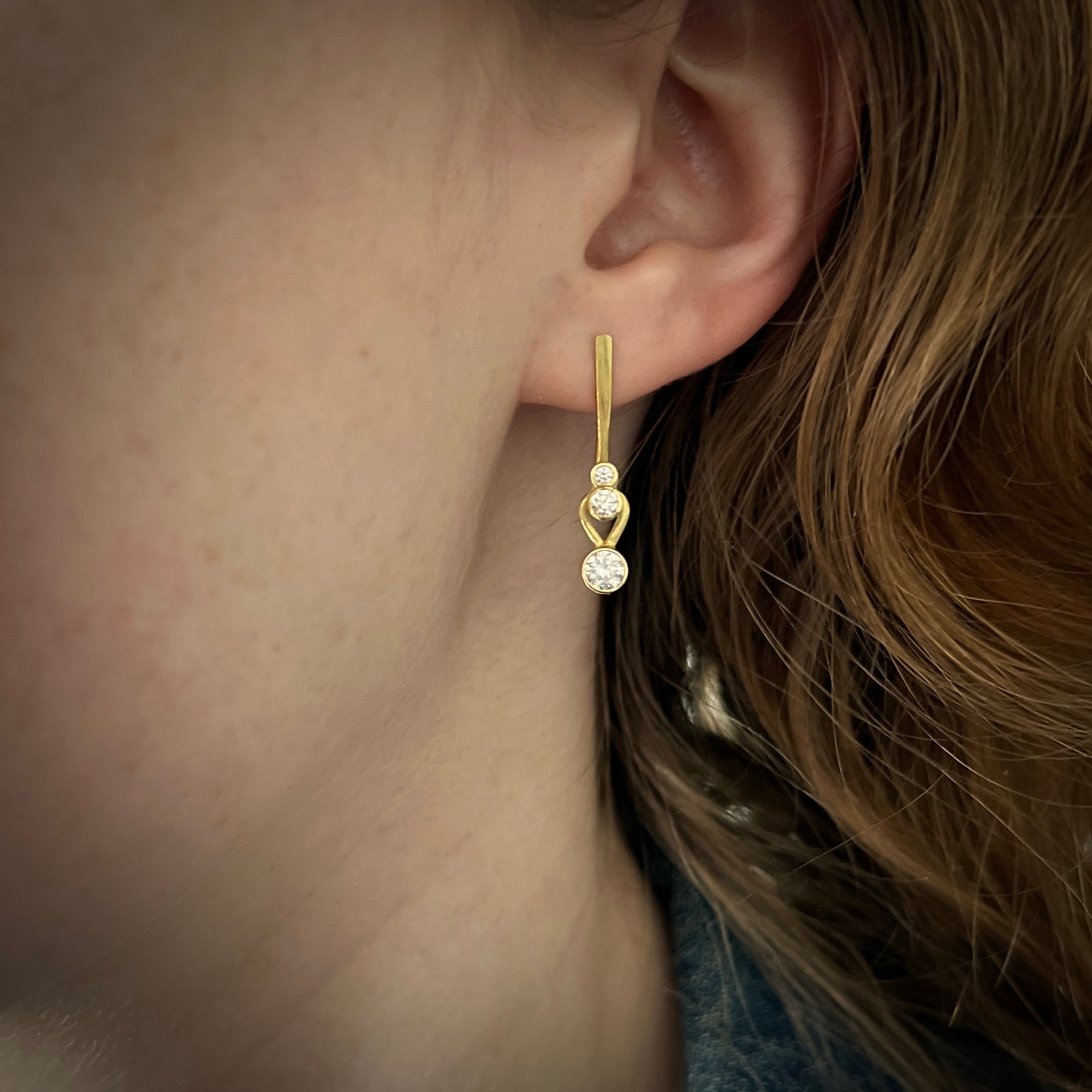 Driftwood Earrings in 18K gold with stacked diamond drops