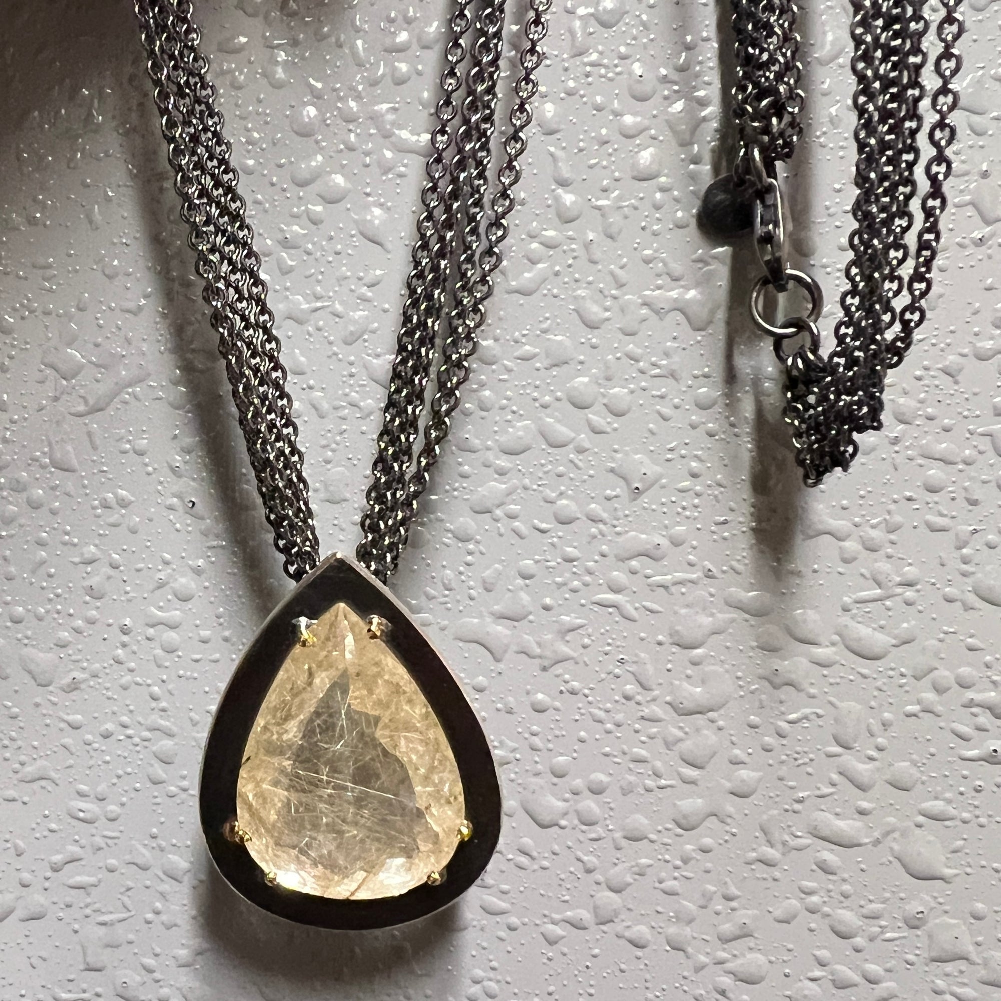 Pear shaped rutilated quartz necklace on multi-strand sterling chain (2)