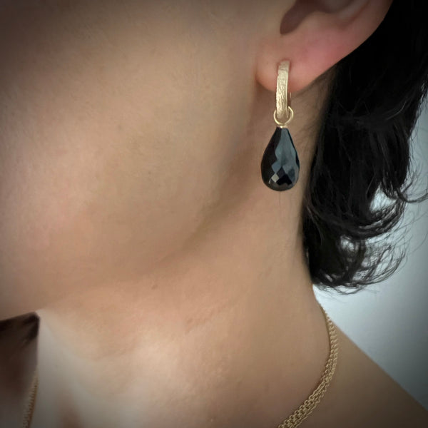 Gold huggie (hoops) with black facetted Spinel drop - Ayesha