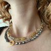 An eclectic necklace of rutilated quartz, South Sea pearls, oxidized sterling silver and vermeil