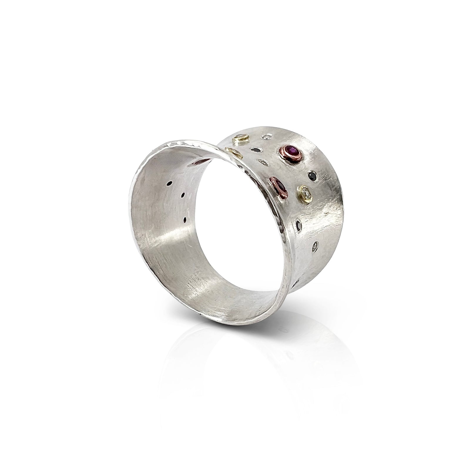 Anticlastic ring in sterling silver and 18KY gold with rubies, and diamonds