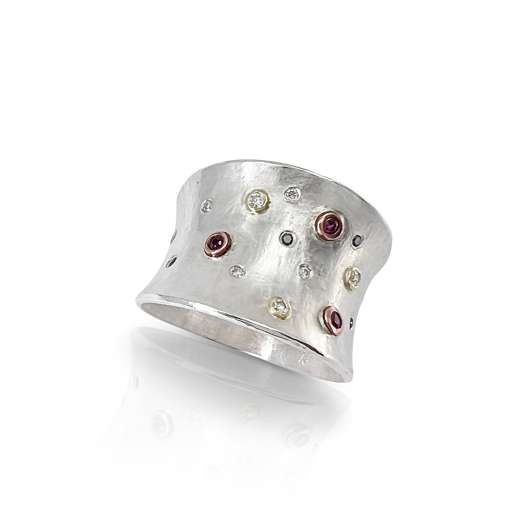 Anticlastic ring in sterling silver and 18KY gold with rubies, and diamonds