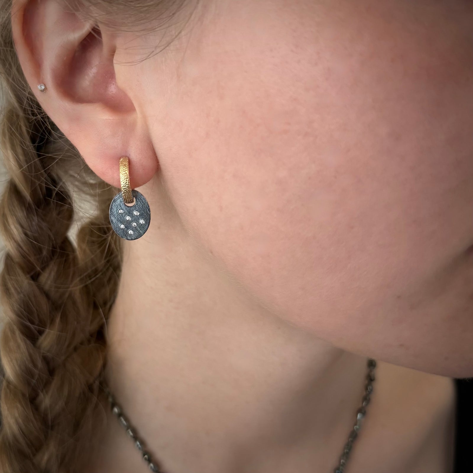 Gold huggie (hoops) with blackened sterling silver and diamond drop