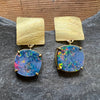 Doublet opal drops hanging from 18K yellow gold square, textured tops. Made by Ayesha Mayadas