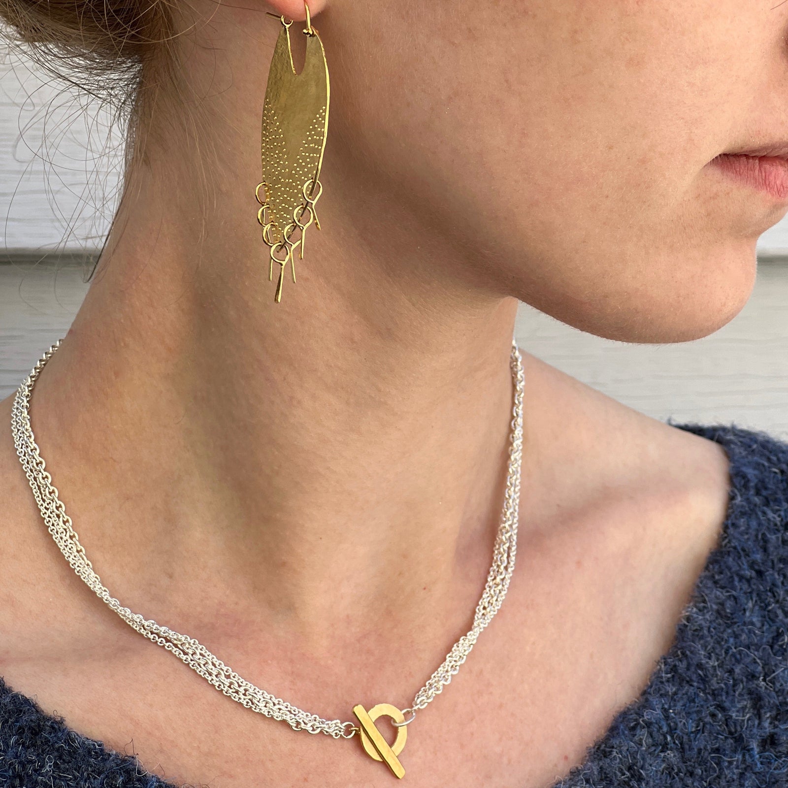 Triple sterling silver chain with vermeil toggle clasp