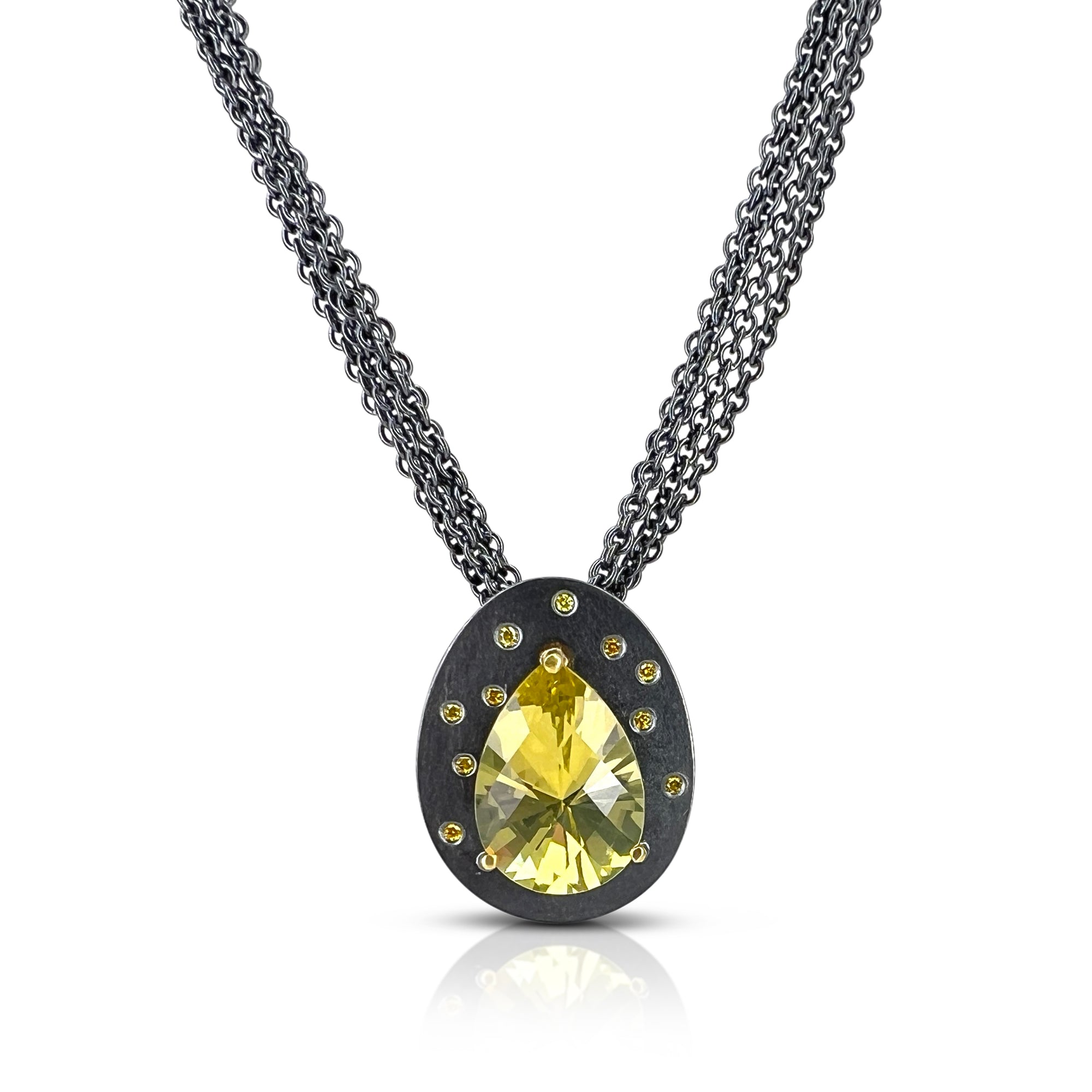 Radiant cut oro verde quartz necklace with diamonds on a multi-strand chain