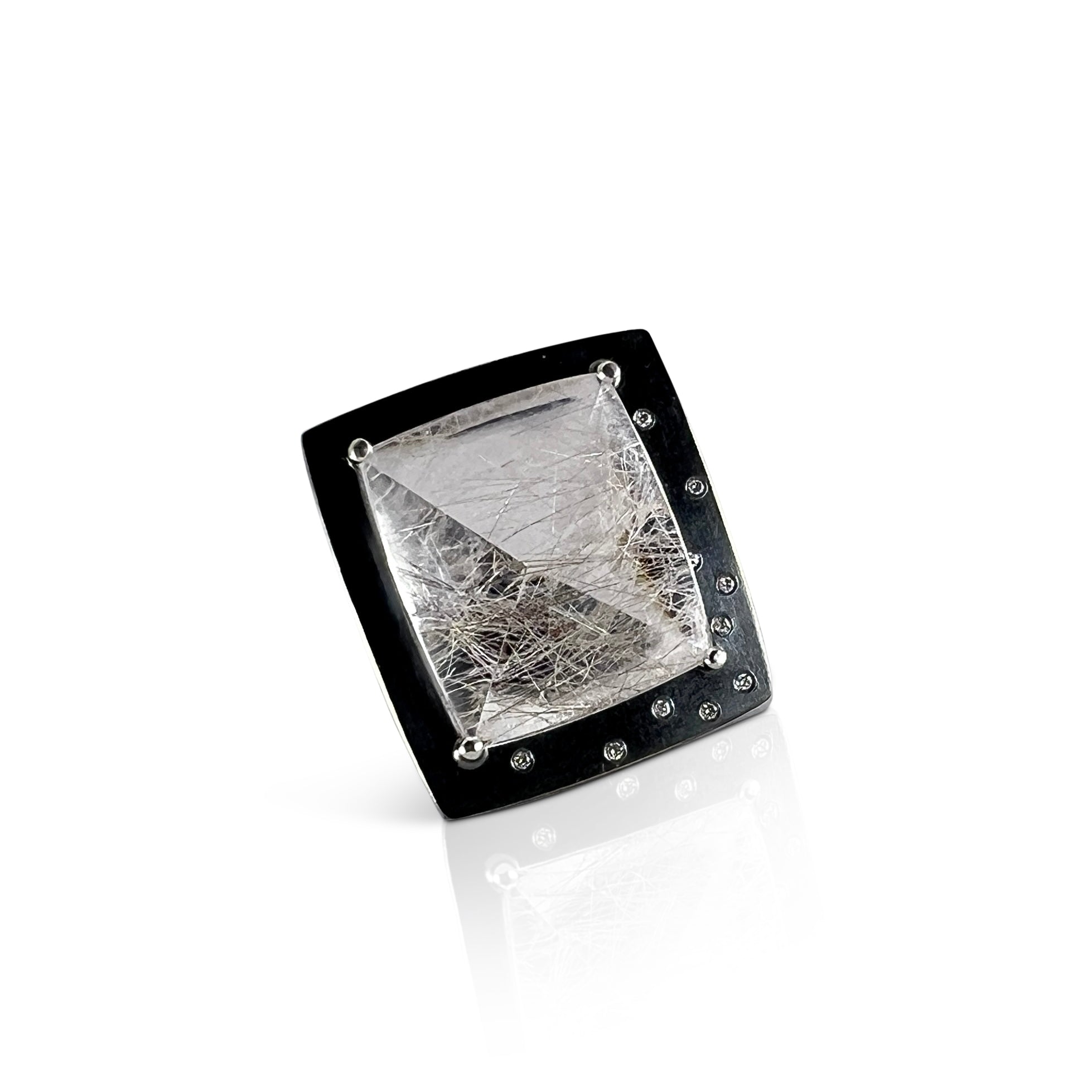 A fine, lens cut, rutilated quartz necklace with diamonds on multi sterling chain