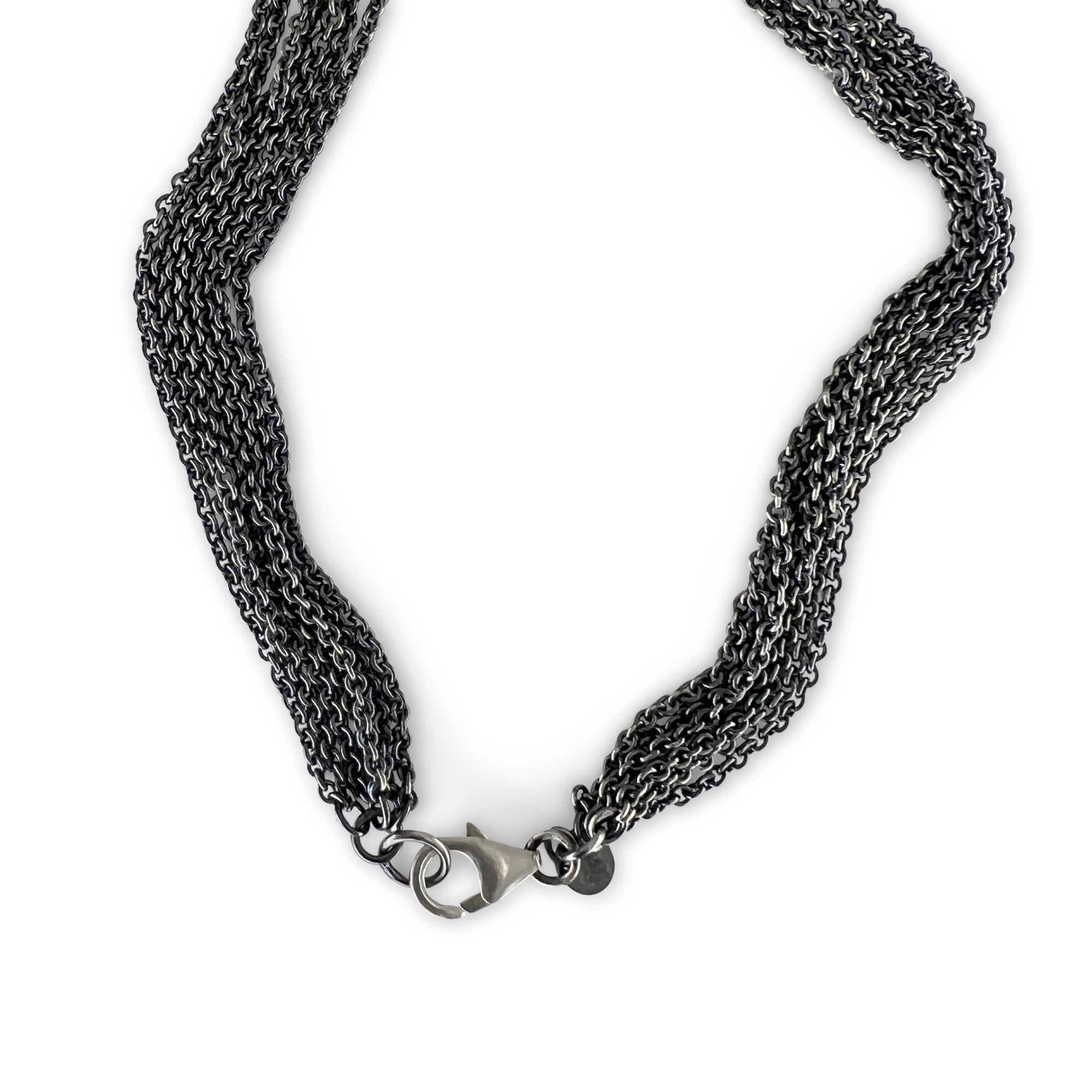 A fine, lens cut, rutilated quartz necklace with diamonds on multi sterling chain