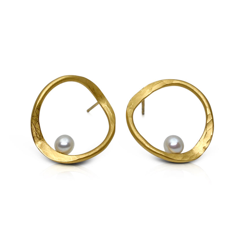 V forged hoop earrings in sterling silver with 18K yellow gold Vermeil finish and round fresh water pearls by Ayesha Mayadas