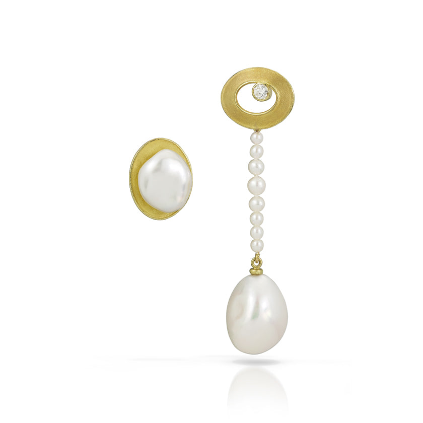 Asymetric 18K yellow gold, pearl and diamond earrings by Ayesha Mayadas