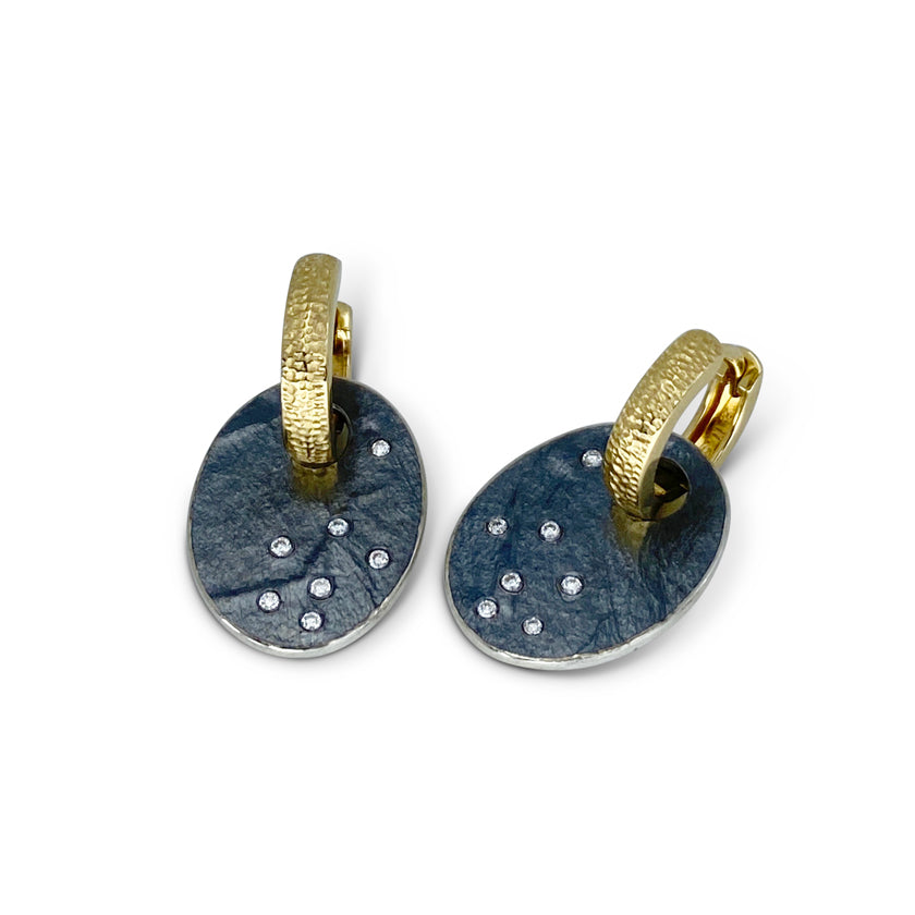 Gold huggie (hoops) with blackened sterling silver and diamond drop