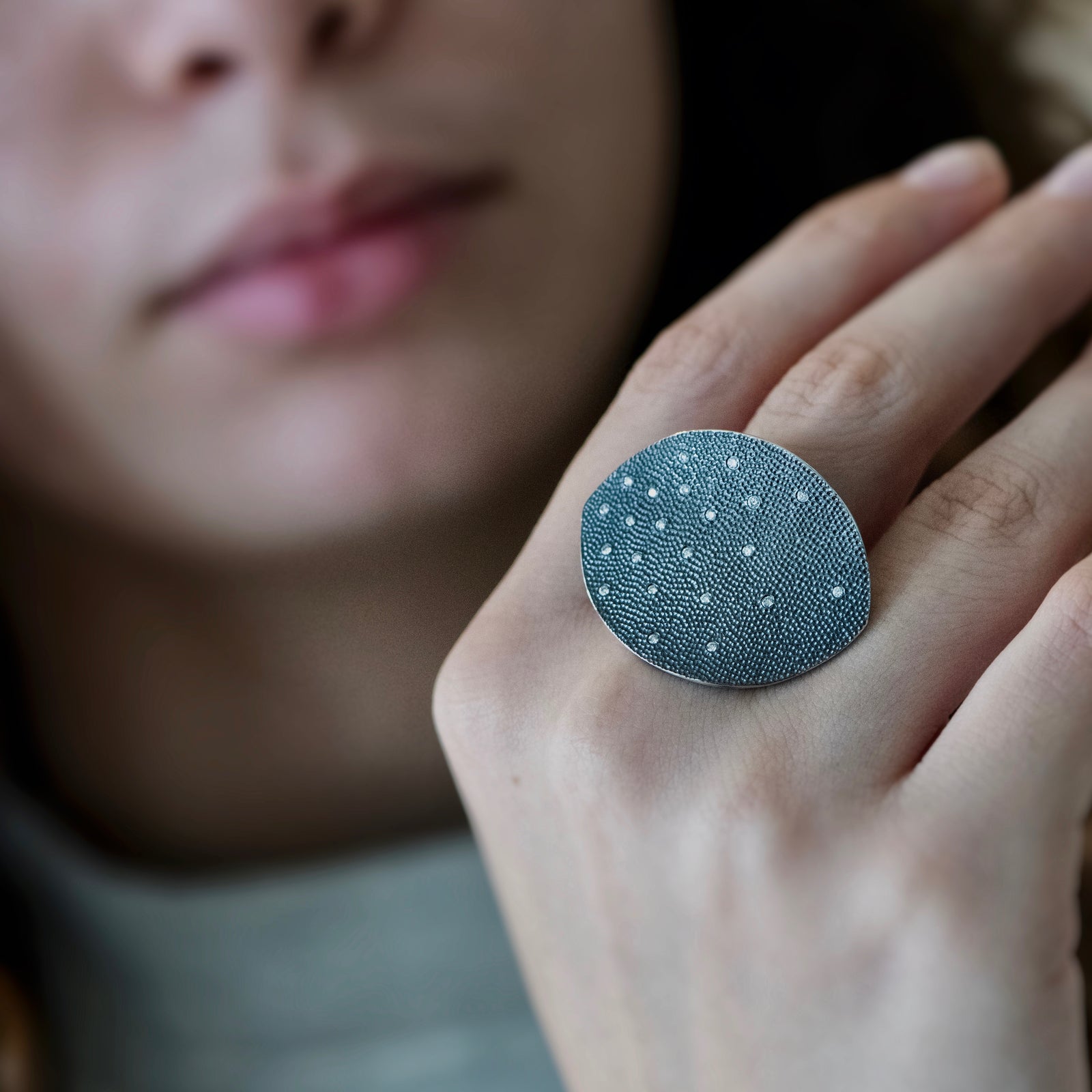 Sterling silver leaf shaped ring with diamonds by Ayesha Mayadas 