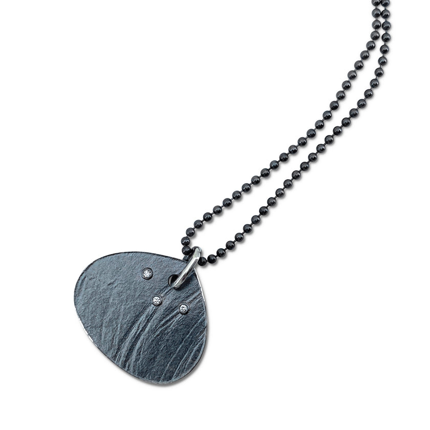 Pendant necklace with wafer texture in sterling silver with 3 diamonds oxidized ball chain by Ayesha Mayadas