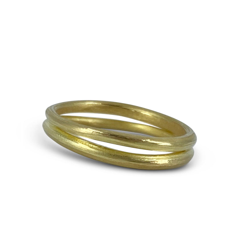 Forged double-layer wave band in 18K gold or platinum has a soft sculptural feel made by Ayesha Mayadas 