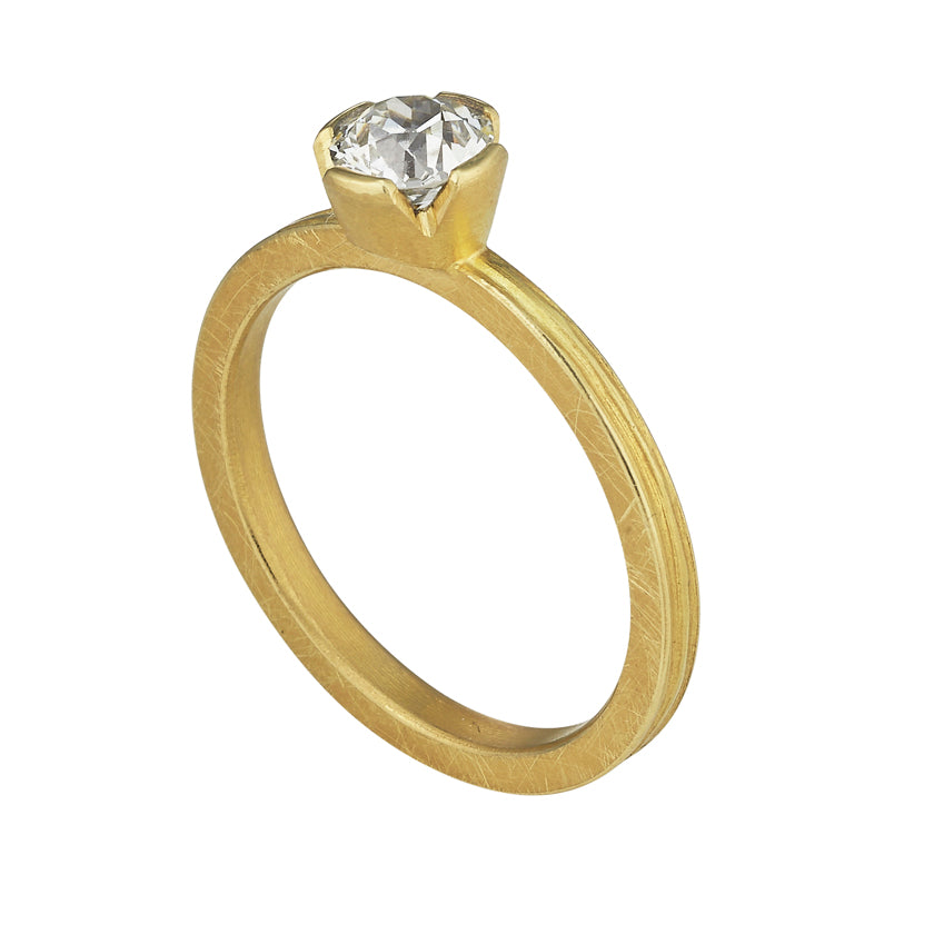 Branch Textured Single Stone ring setting with a modified bezel enter mounting in 18K Yellow Gold by Ayesha Mayadas