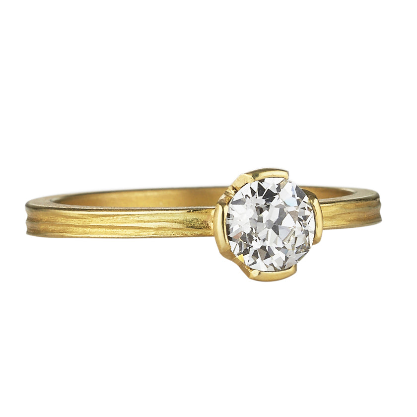 Branch Textured Single Stone ring setting with a modified bezel enter mounting in 18K Yellow Gold by Ayesha Mayadas