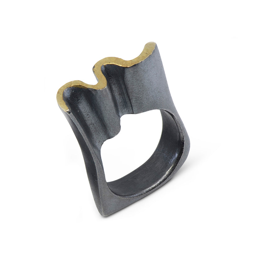Tall wave ring in sterling silver with 14K yellow gold overlay by Ayesha Mayadas