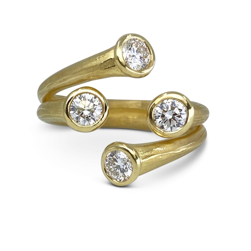 Shooting Stars double layer Ring with four diamonds in 18K gold or platinum by Ayesha Mayadas