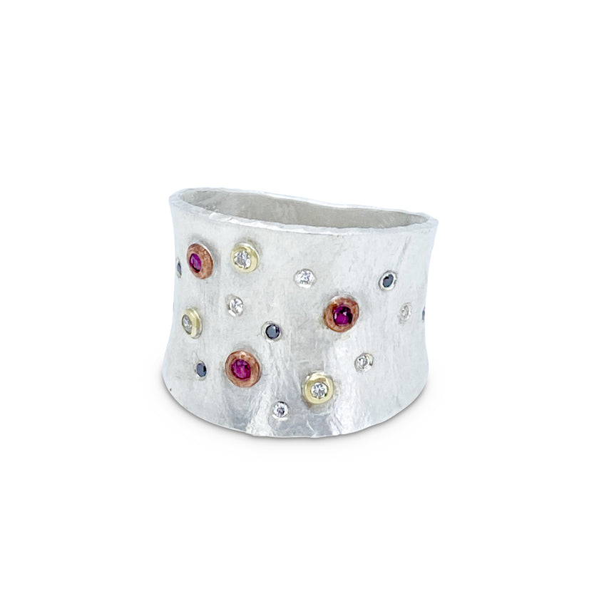 Sterling silver, copper, 18KY gold, rubies and black diamonds cigar band ring by Ayesha Mayadas