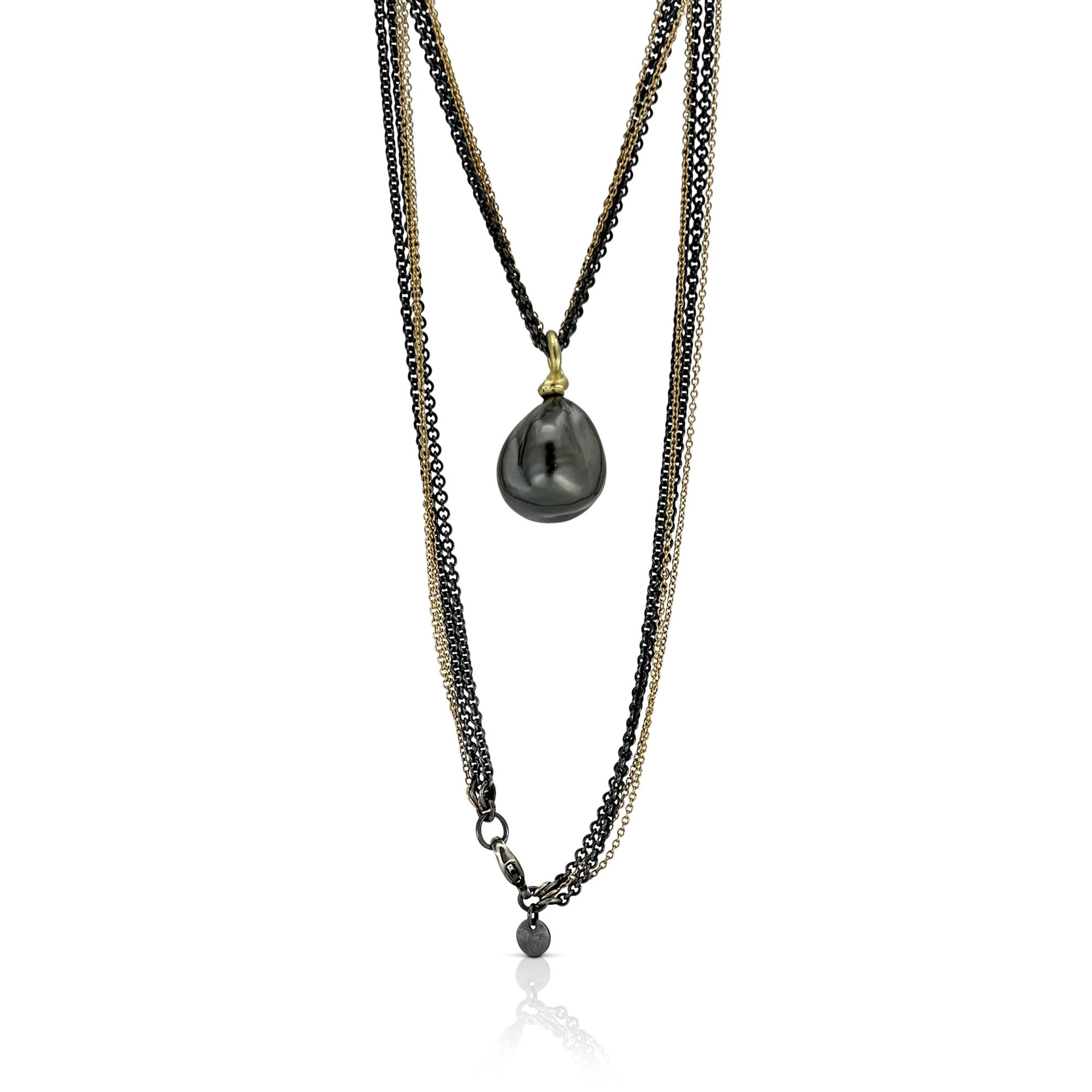 Baroque Black and gray Tahitian Pearl Pendant in 18K Gold on sterling and 18KY multi chain. Made by Ayesha Mayadas