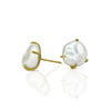 Stud earrings with irregular creamy white baroque pearls in claw type 18K yellow gold prong settings by Ayesha Mayadas