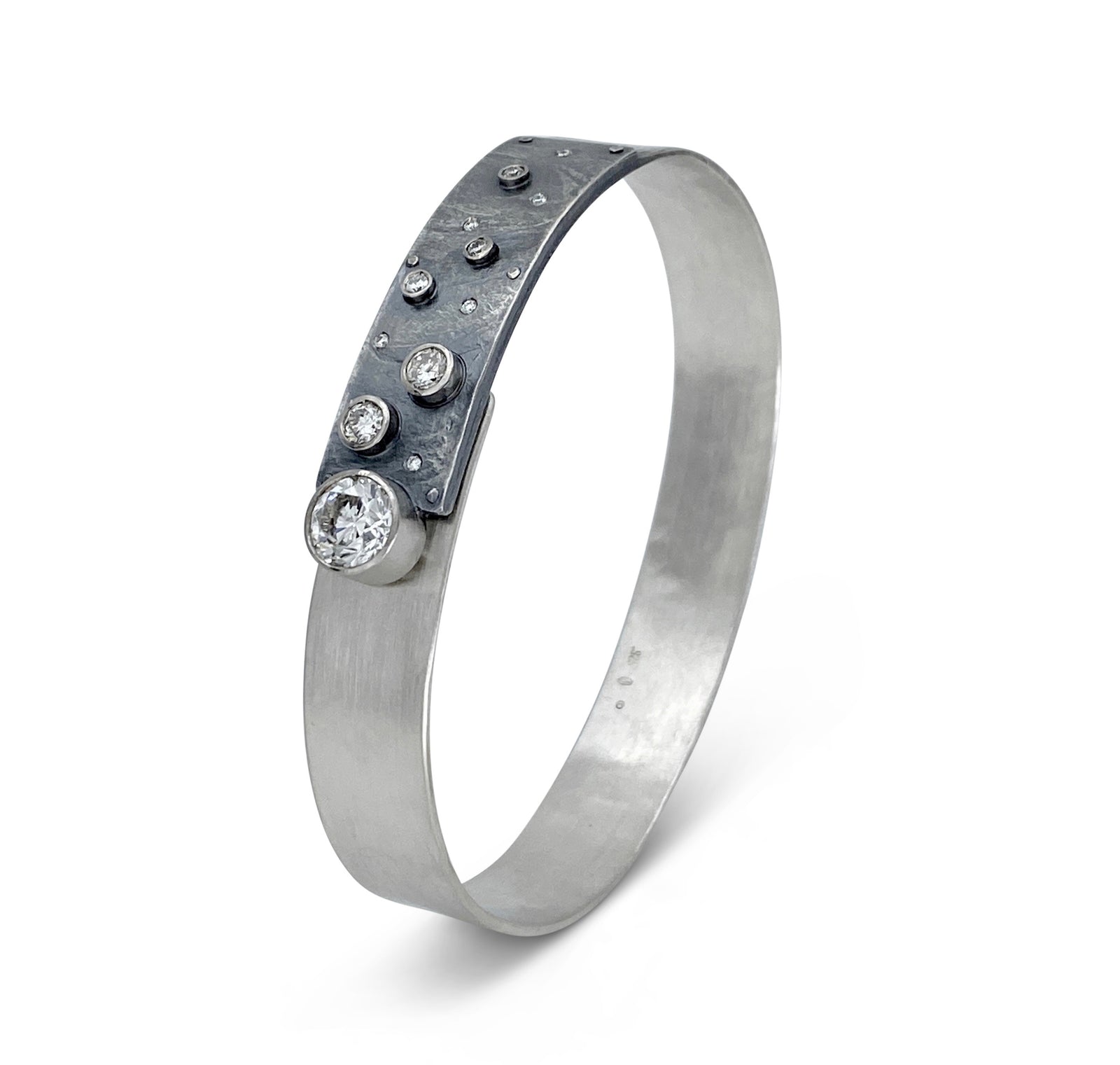 Sterling silver cuff with catch and with diamonds and Moissanite by Ayesha Mayadas  Edit alt text