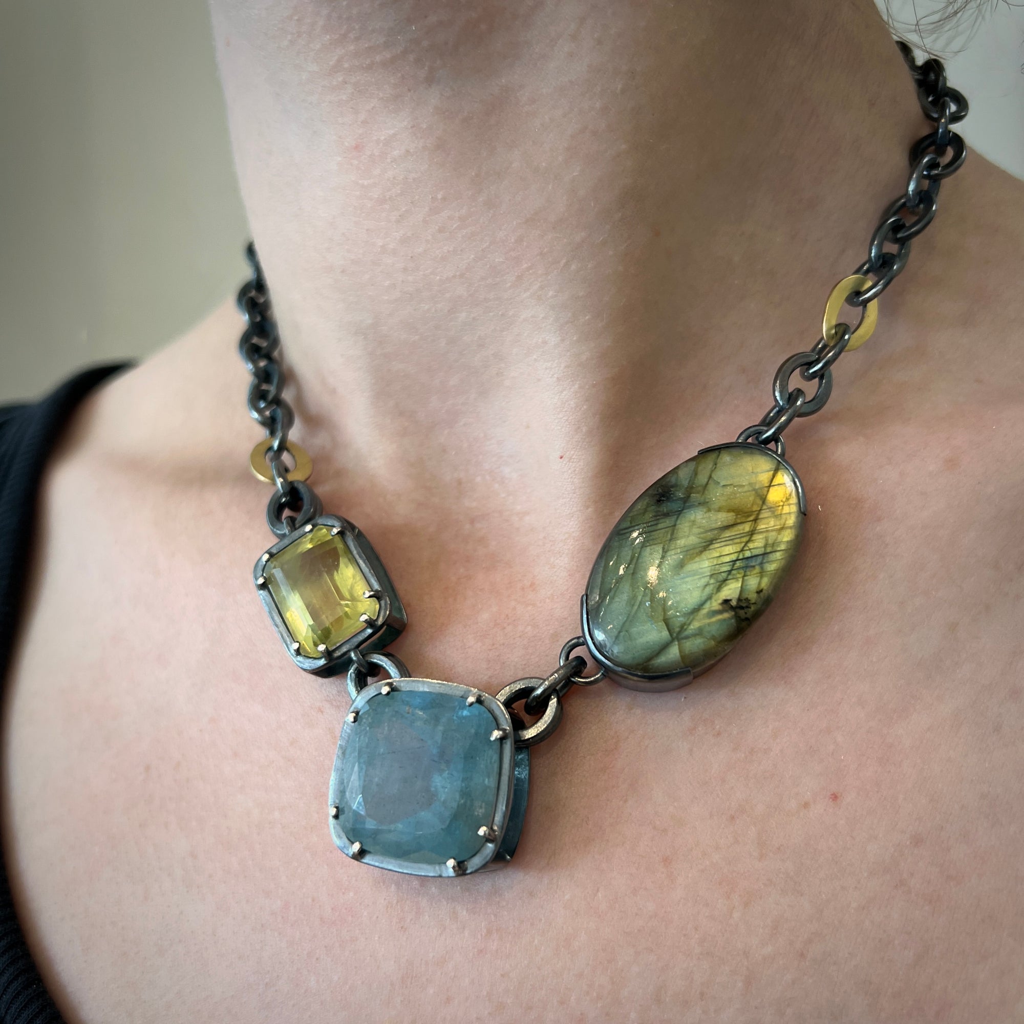Metaphysical necklace #4 with labradorite and aquamarine in sterling silver and 18K yellow gold