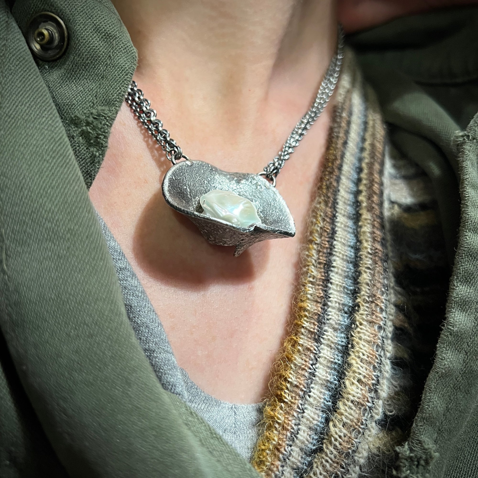 Rustic silver and pearl necklace on multi sterling chain