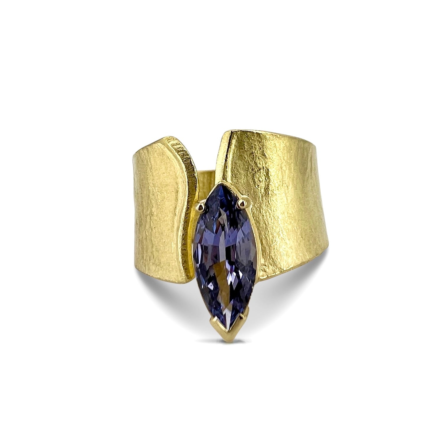 Wide Wafer ring in 18K yellow gold with purple spinel made by Ayesha Mayadas
