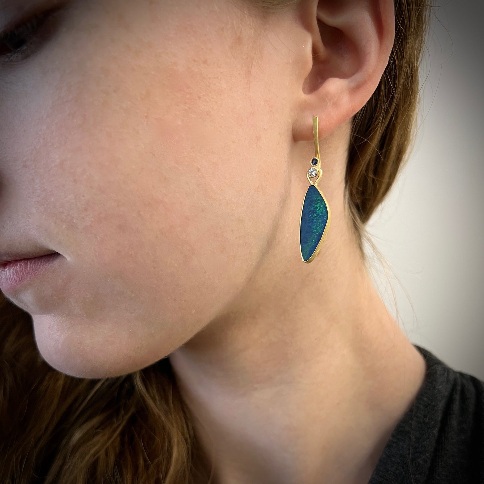 Driftwood earrings with opals, sapphires and diamonds