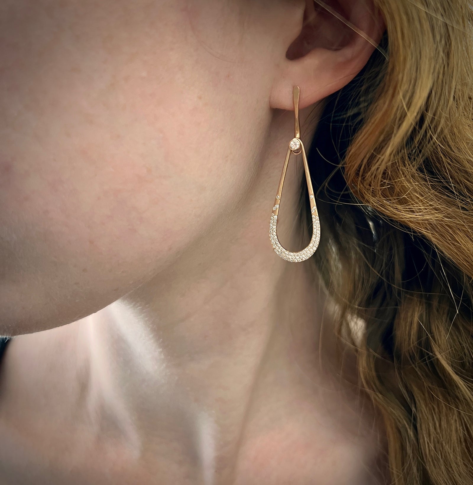 Driftwood Earring in 18K gold pink gold with pave diamond drop by Ayesha Mayadas