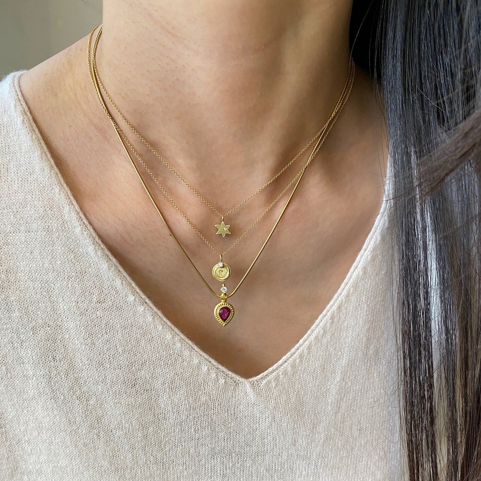 Star of David necklace in 18K yellow gold with a diamond and an oxidized sterling silver or 14K yellow gold cable chain by Ayesha Mayadas