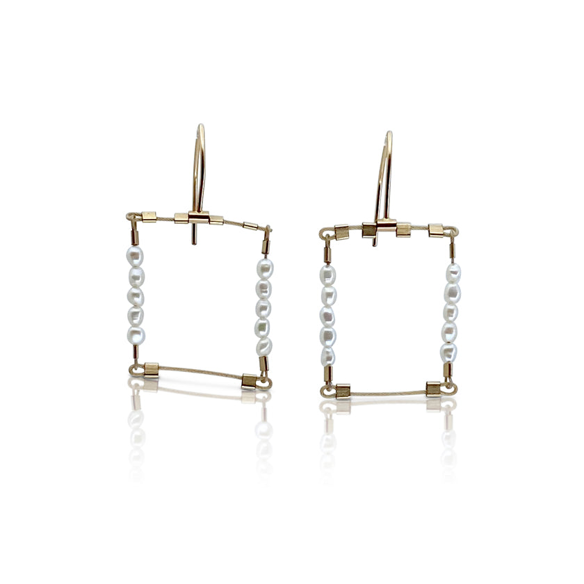 Square hook earrings, pearl, 14K gold-filled