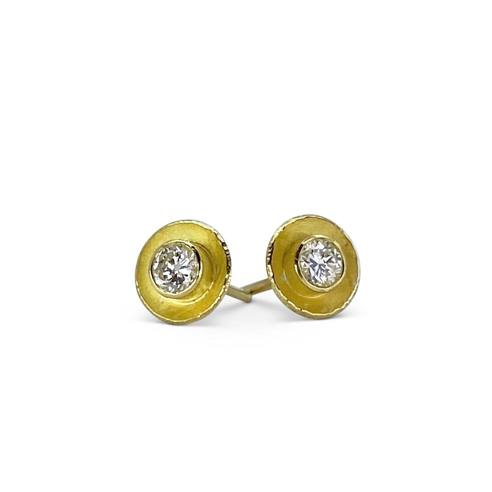 Petite concave 18K yellow gold brush finish earrings with 0.30 ct tw diamonds by Ayesha Mayadas