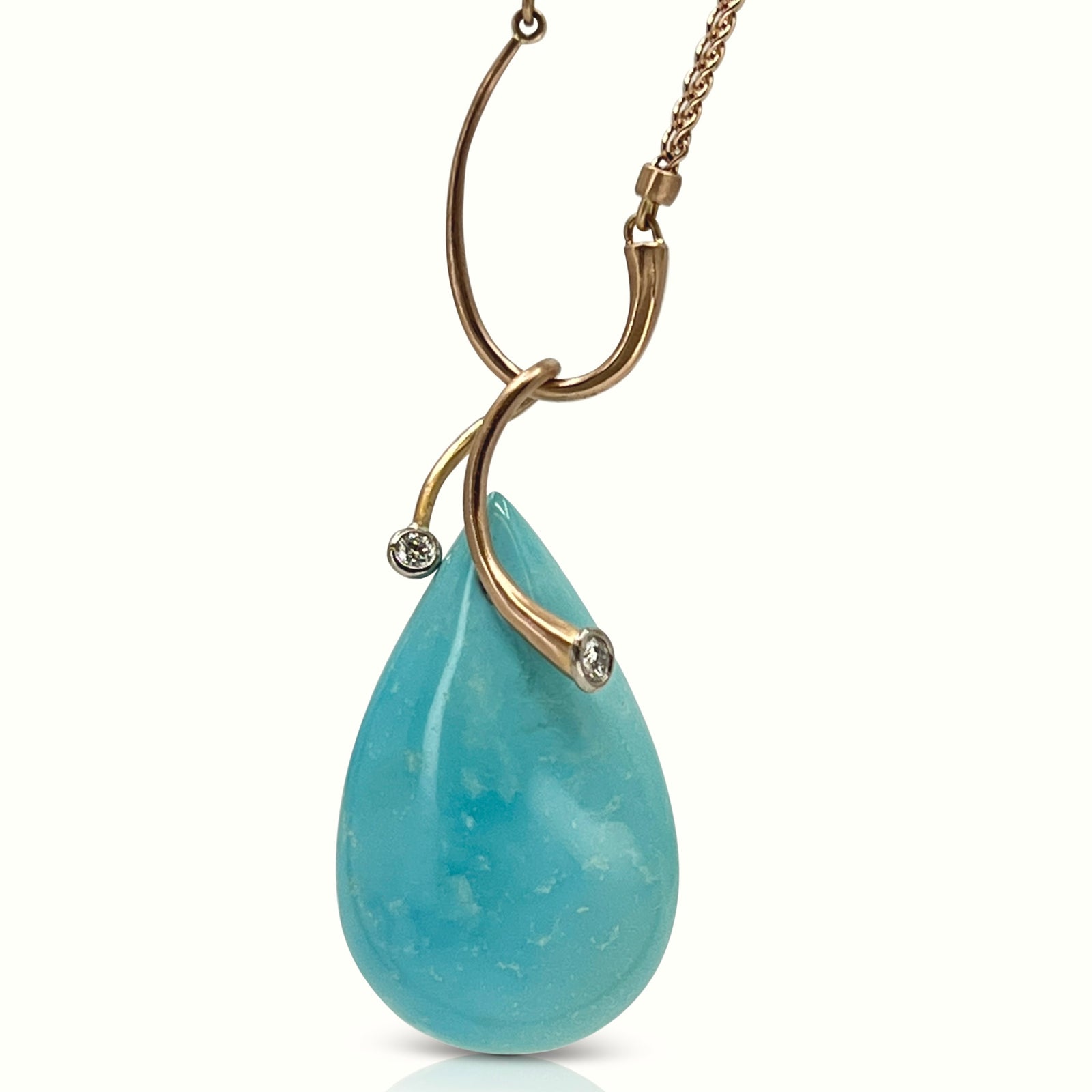 Turquoise pear shaped pendant with diamonds in 18K rose gold with 14K pink gold wheat chain made by Ayesha Mayadas