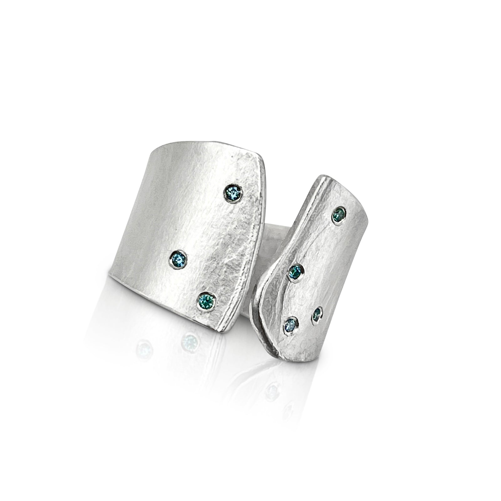 Wide Wafer texture ring in sterling silver with 7 blue diamonds by Ayesha Mayadas