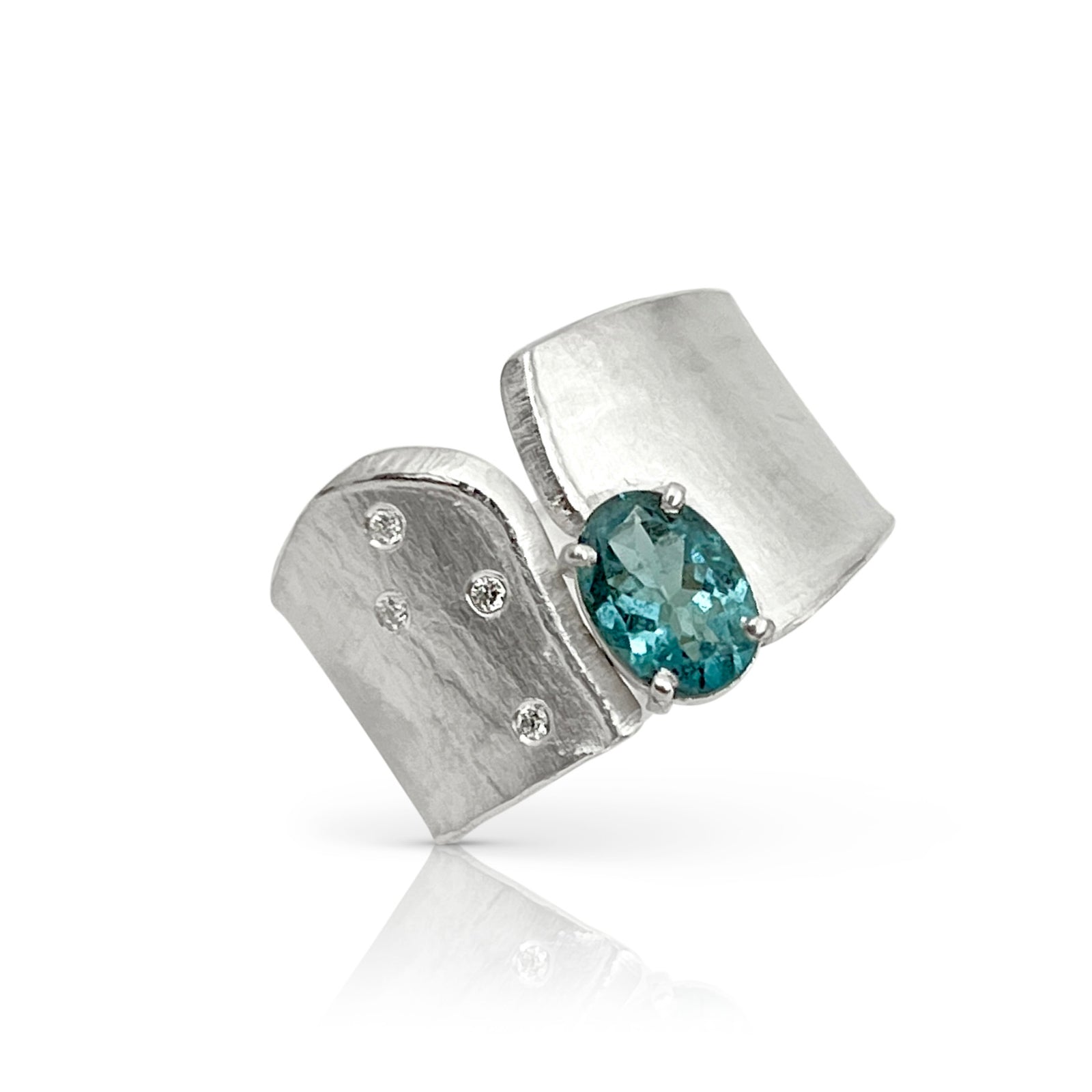 Wide Wafer ring in sterling silver with an oval shaped blue tourmaline and 4 diamonds by Ayesha Mayadas