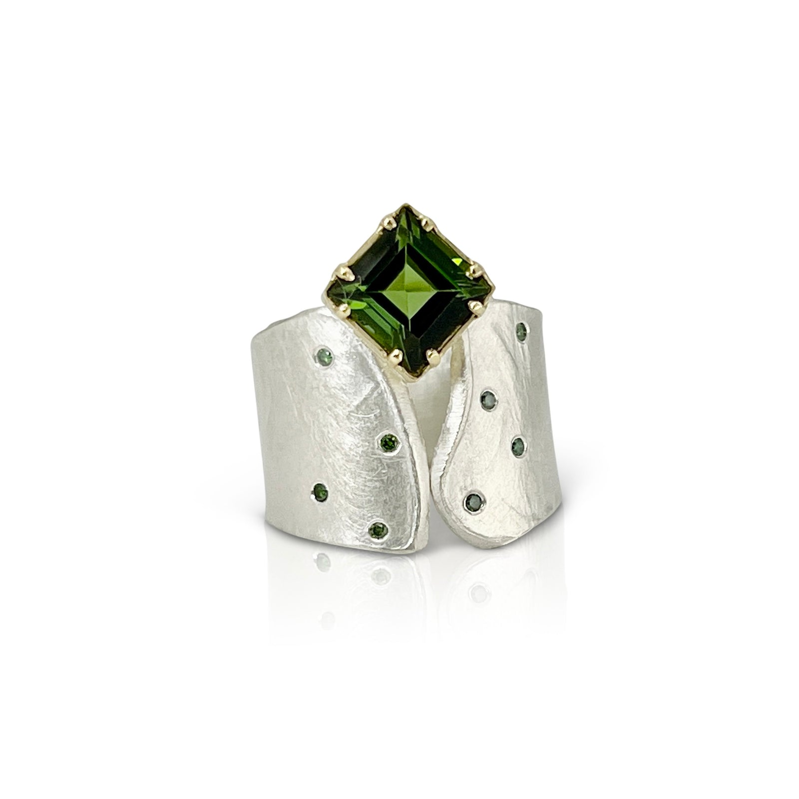 Wafer texture wide ring in sterling silver and 18KY gold with princess cut tourmaline and green diamonds made by Ayesha Mayadas