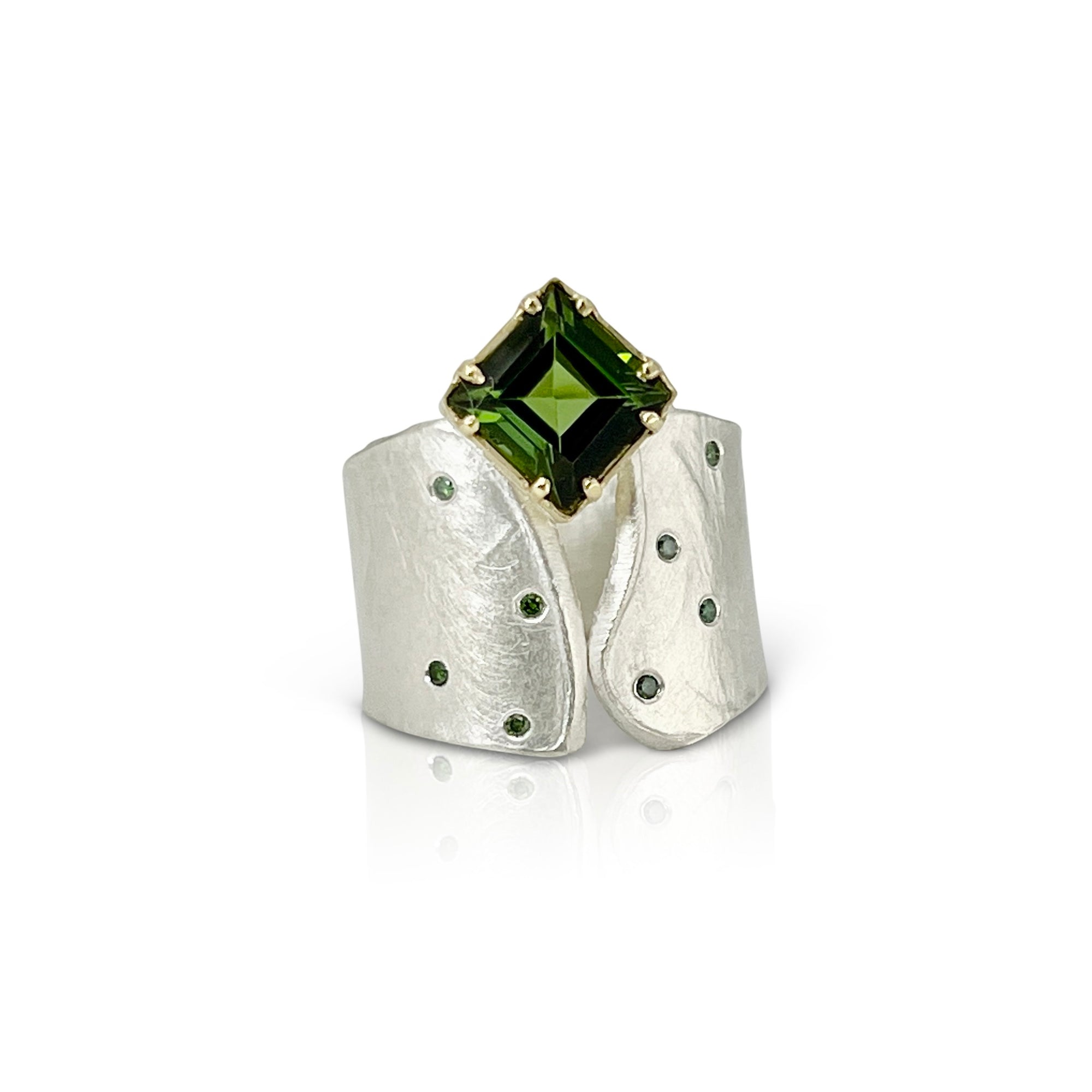 Wafer texture wide ring in sterling silver and 18KY gold with princess cut tourmaline and green diamonds made by Ayesha Mayadas