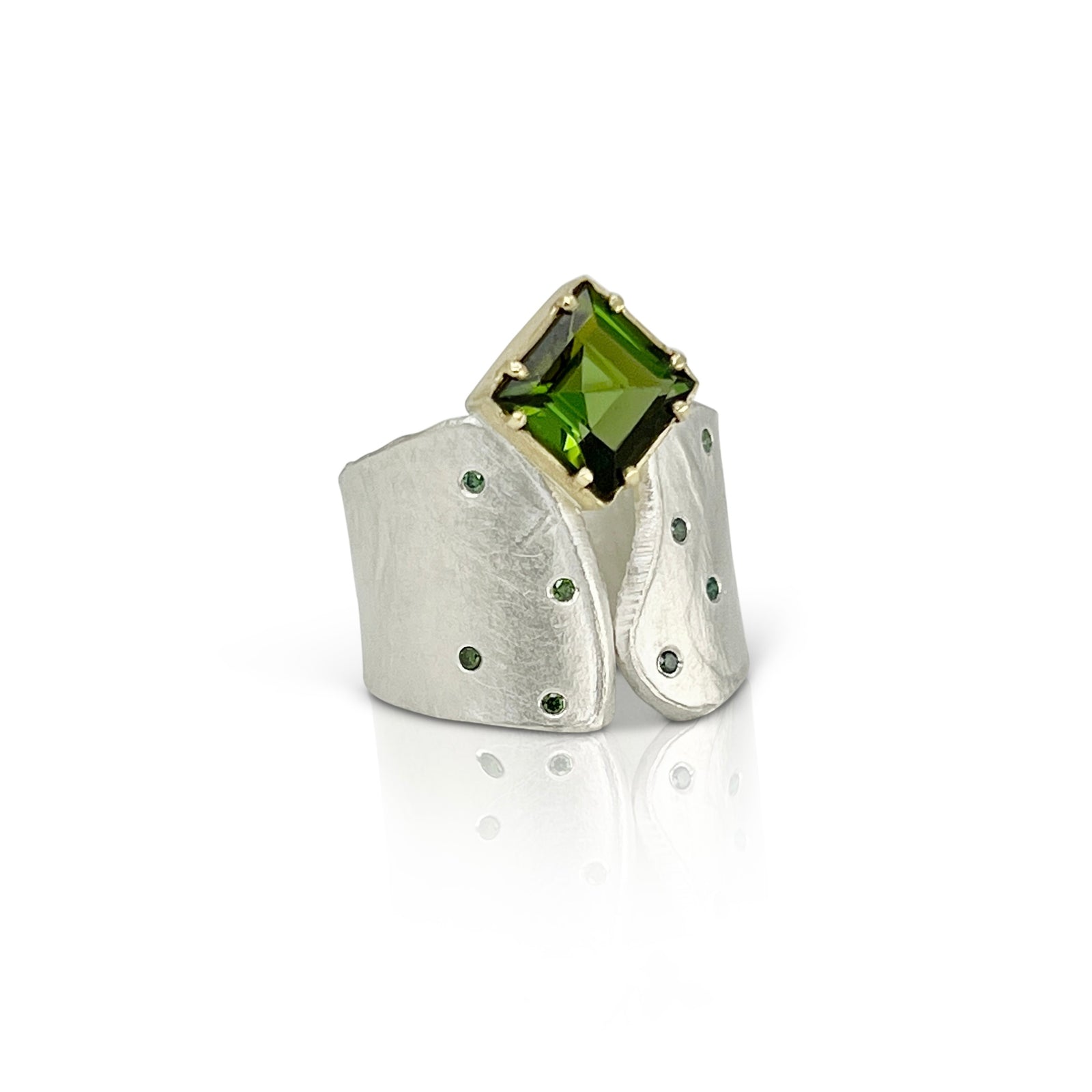 Wafer texture wide ring in sterling silver and 18KY gold with princess cut tourmaline and green diamonds made by Ayesha Mayadas