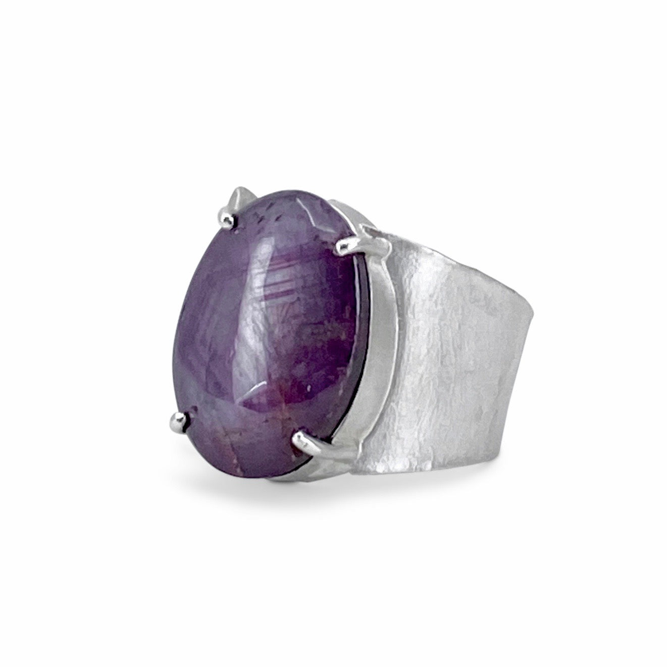 Wide Wafer texture ring in sterling silver with a large oval Star Ruby cabochon by Ayesha Mayadas 