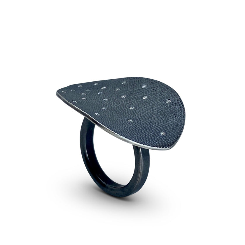 Sterling silver leaf shaped ring with diamonds by Ayesha Mayadas 