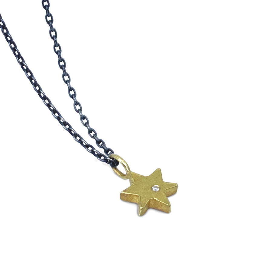 Star of David necklace in 18K yellow gold with a diamond and an oxidized sterling silver or 14K yellow gold cable chain by Ayesha Mayadas